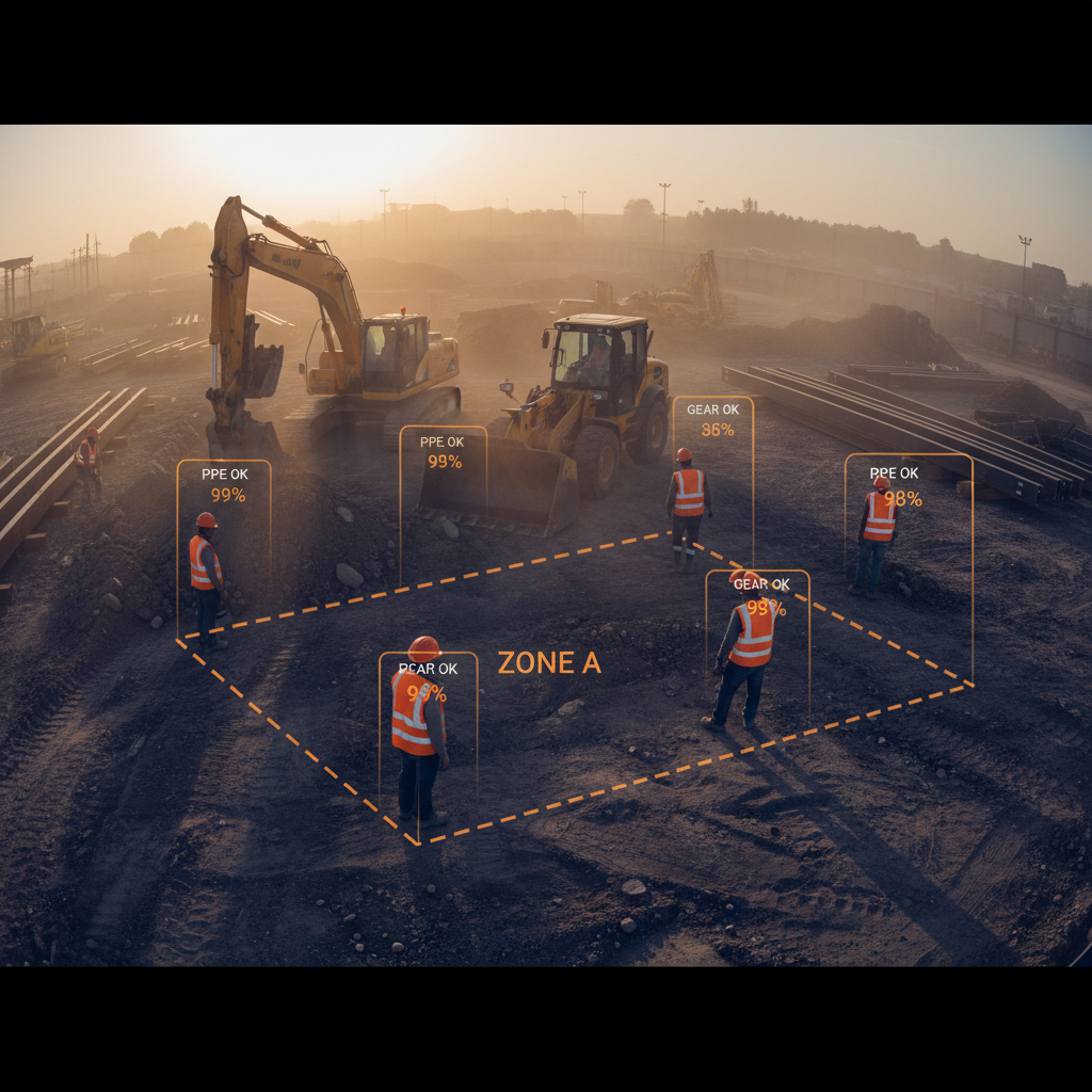 Construction safety AI: workers in PPE with compliance detection overlay