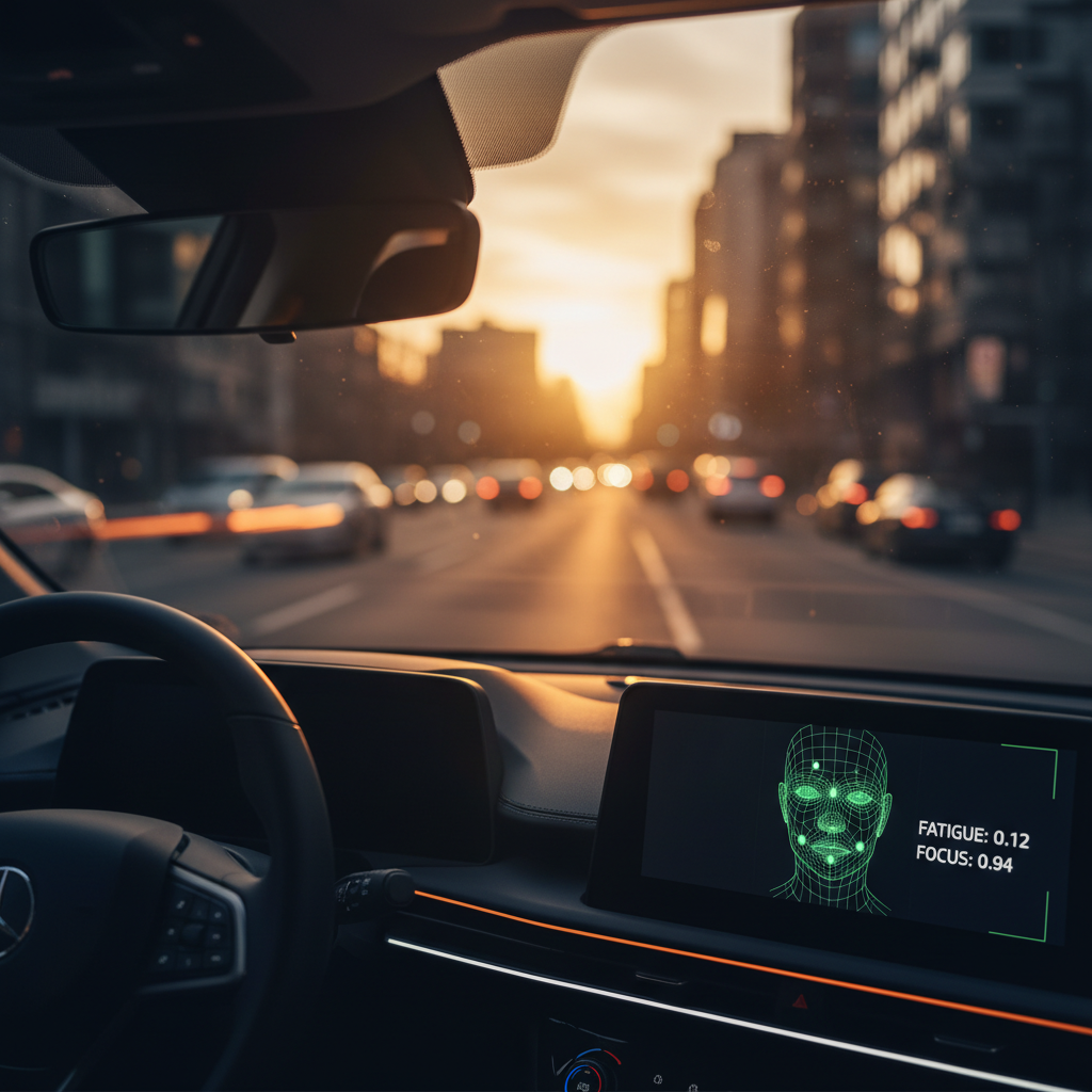 Driver assistance system: AI-overlaid driver monitoring view from inside a vehicle