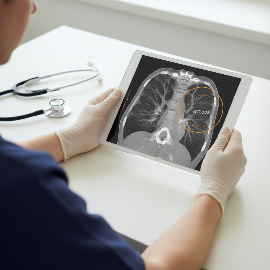 AI medical diagnostics: clinician analyzing CT scan with AI overlay for ground-glass opacity
