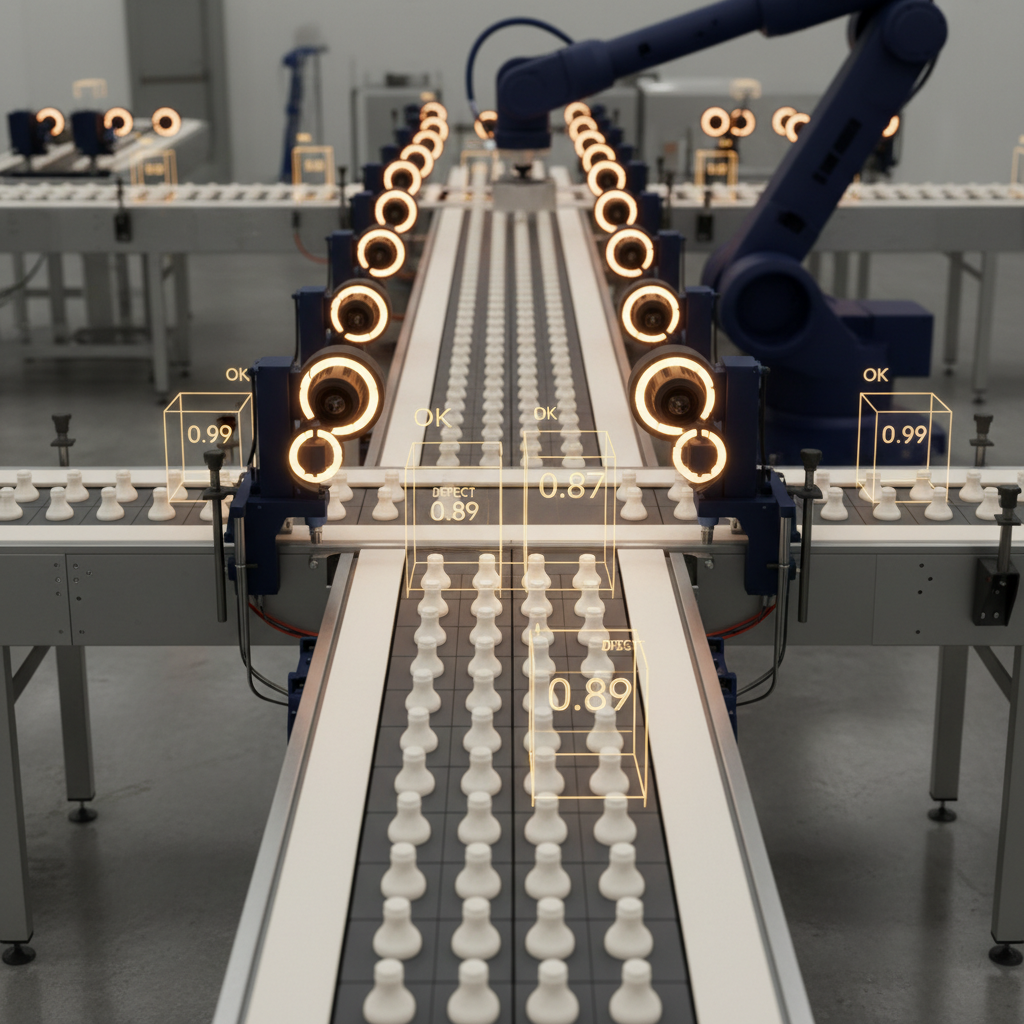 Automated quality control: factory conveyor with AI defect detection